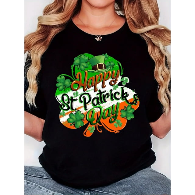 Women'S T-Shirt, Directional St. Patrick'S Day "Happy St Patricks Day" Print, Retro Minimalist Fashion, Crew Neck, Casual Comfort, Sports Short-Sleeved T-Shirt