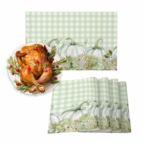 Fall Placemats Set of 6 Hydrangea Pumpkin Place Mats Thanksgiving Placemat Green Plaid Table Mats for Dining Kitchen Table Holiday Dinner Party Home Fall Decorations 13x19 Inch