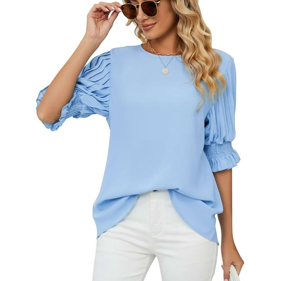 BadPiggies Womens Blouses 3/4 Sleeve Crew Neck Work Shirts Chiffon Ruffle Tunic Dressy Tops