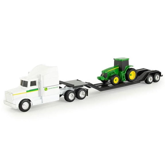ERTL ERT37382P10-B John Deere Farm Semi in White with Flatbed Trailer Hauling a Four Wheel Drive Tractor