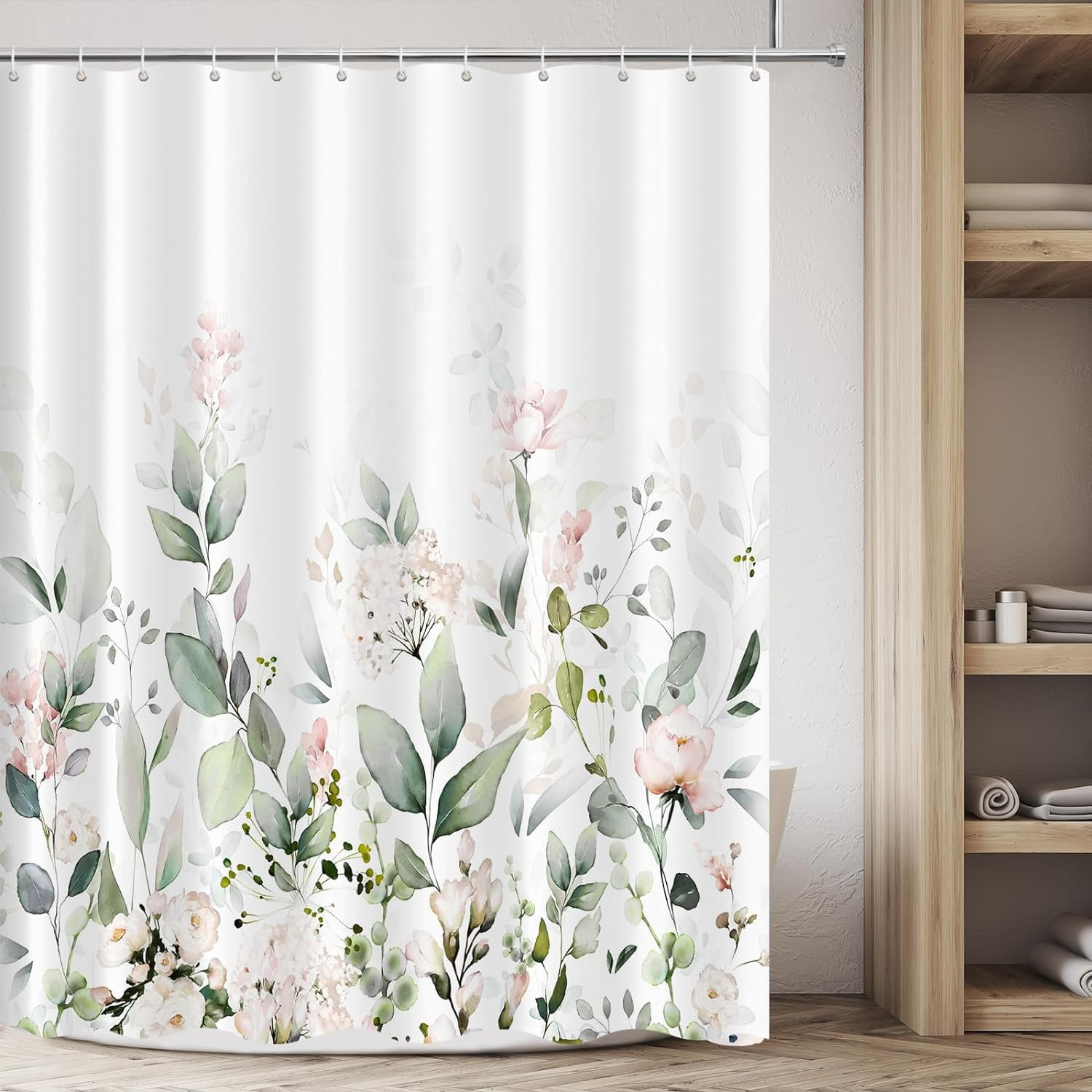 Blomming Bright Blush Pink White Floral Shower Curtain, Watercolor Green Leaves Plant Bathroom Decoration Shower Curtain Sets 71x71 Inch with Hooks