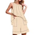 thumbnail image 3 of Women Short Sets 2 Piece Vacation Outfits Sleeveless Tank Top and Shorts Matching Set with Pockets Apricot Color S, 3 of 7