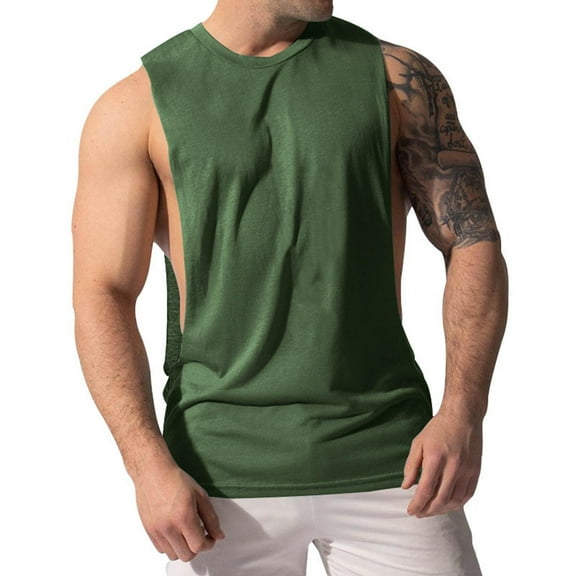 QingYiHua Men Workout Tank Top Gym Bodybuilding Sleeveless Muscle T Shirts Cut off Shirts Running Training Waistcoat Top Men Athletic T-Shirts Tees Army Green