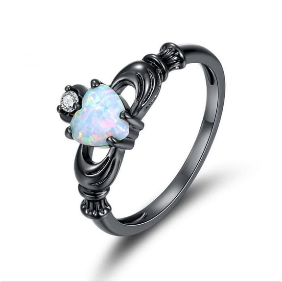 Retro Heart Crown Alloy Black Ring: Electroplated Opal Stone Accent, Holiday Gift for Women