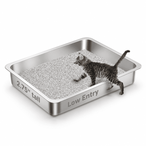 Low Entry Stainless Steel Cat Litter Box for Kittens and Small Pets, 15.75"L x 11.81"W x 2.76"H