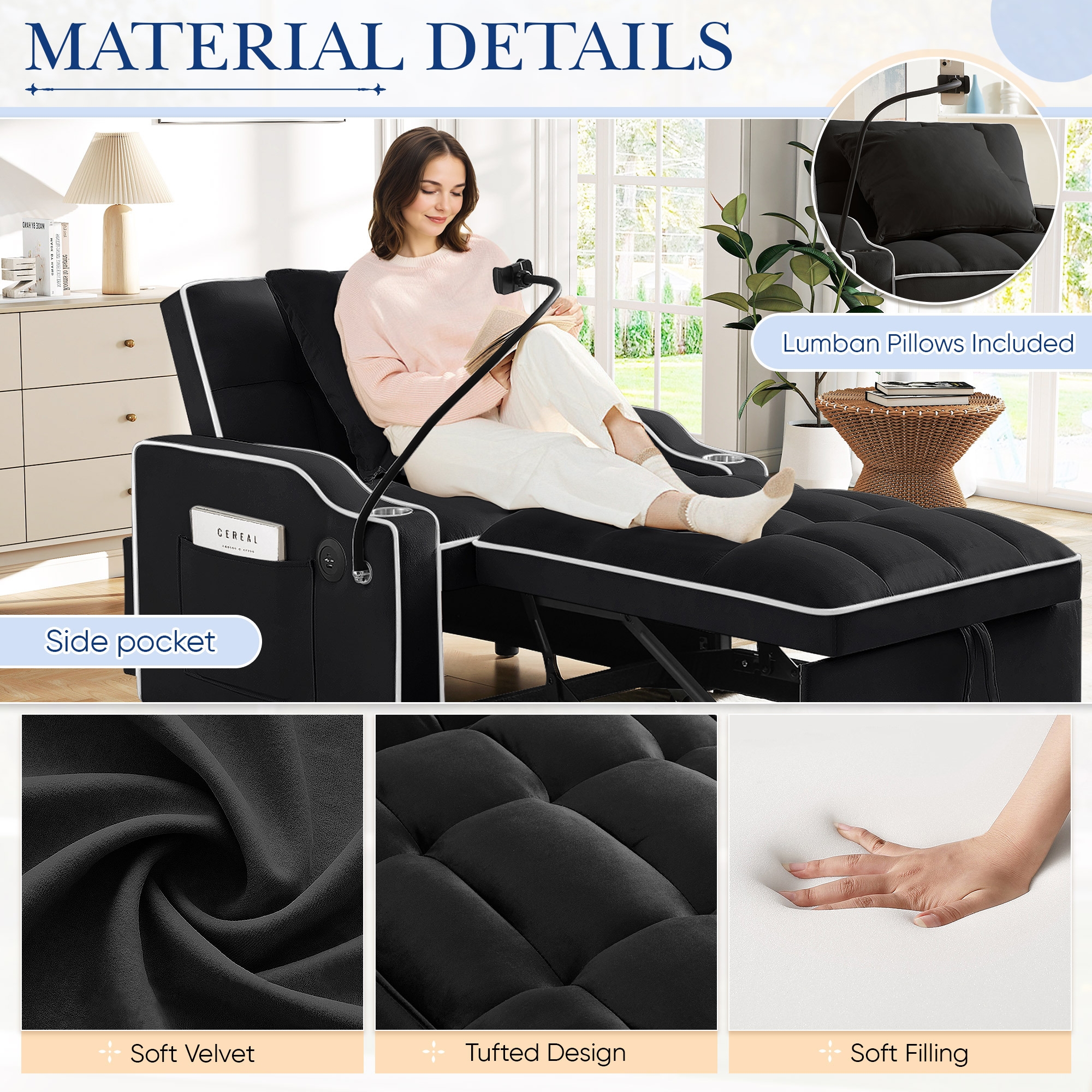 Lunale 4-in-1 Convertible Sleeper Chair, Black Velvet photo 3
