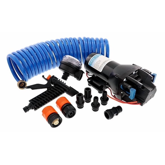 Jabsco Fresh Water Pump Q401J-118N-3A Self-Priming; 4 Gallon Per Minute; Shut-Off At 60 PSI; 12 Volt DC; Thermal Motor Protection; Runs Dry Without Damage; With 25 Foot Hose Coil