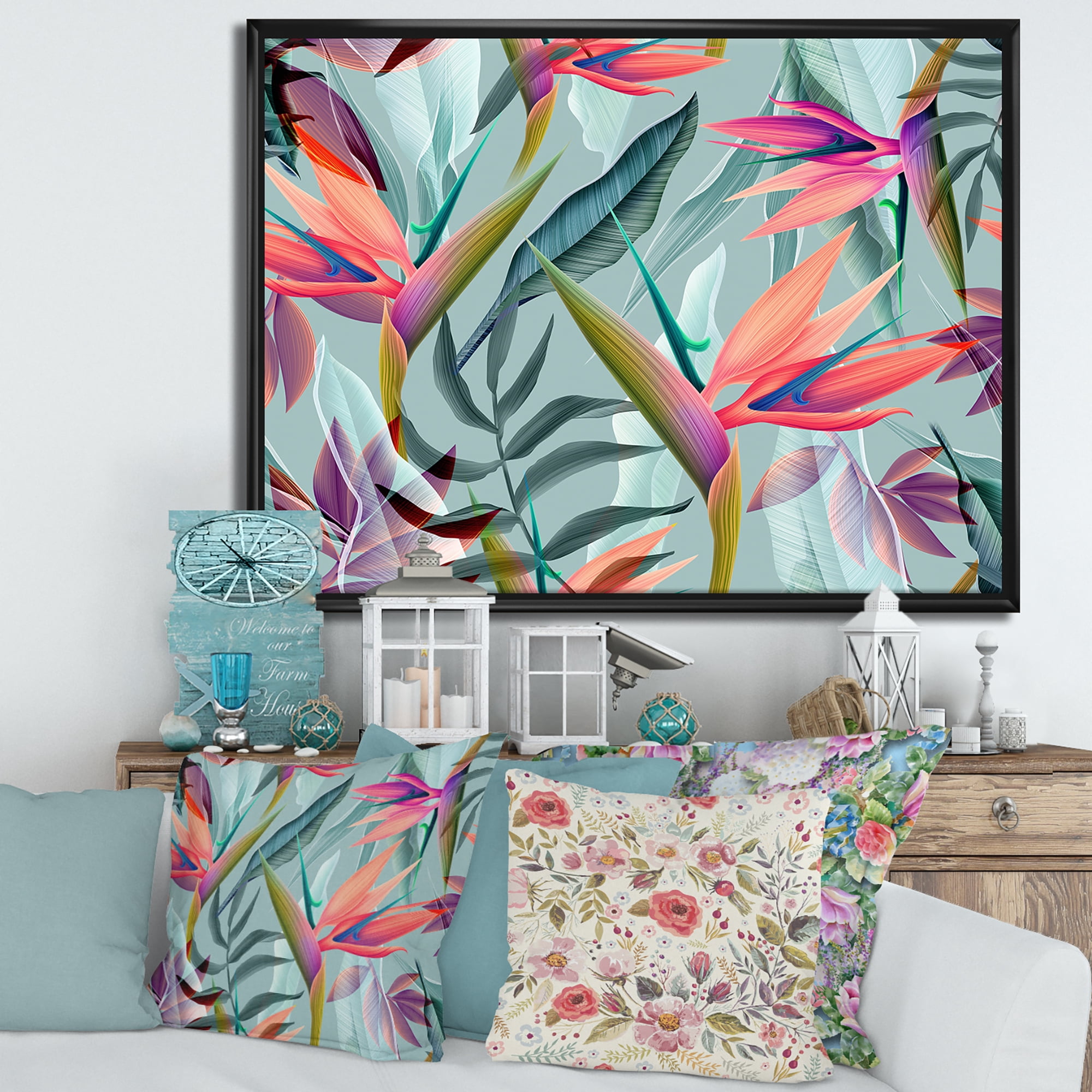 Designart 'VIntage Tropical Flowers V' Traditional Framed Canvas Wall Art Print