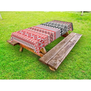 Ancient Outdoor Tablecloth, Ethnic Aztec Style Pattern with Abstract Mayan Authentic Folk Figures Artistic Image, Decorative Washable Fabric Picnic Tablecloth, 58 X 104 Inches, Red Black, by Ambesonne