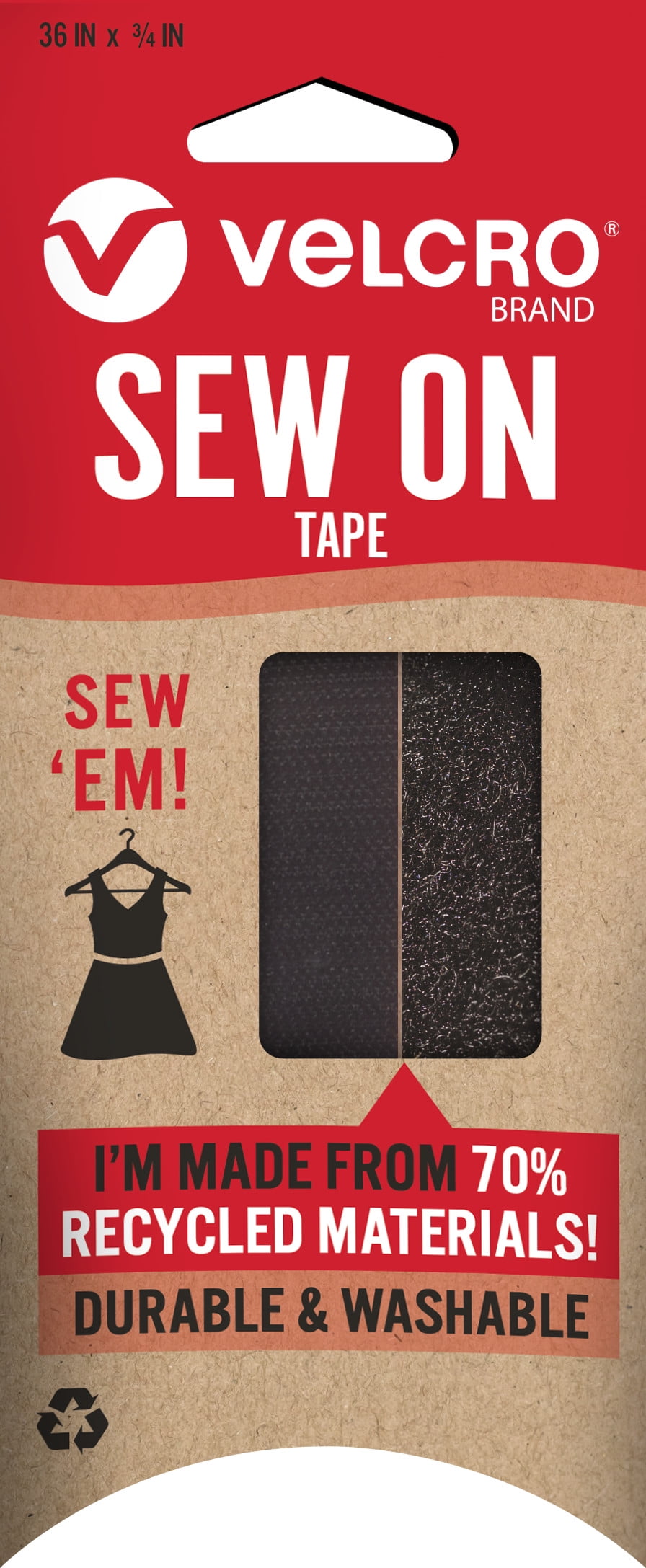 VELCRO Brand ECO Collection Sew On Tape 36in x 3/4in, Sustainable 70% Recycled Materials, Durable and Washable, Black
