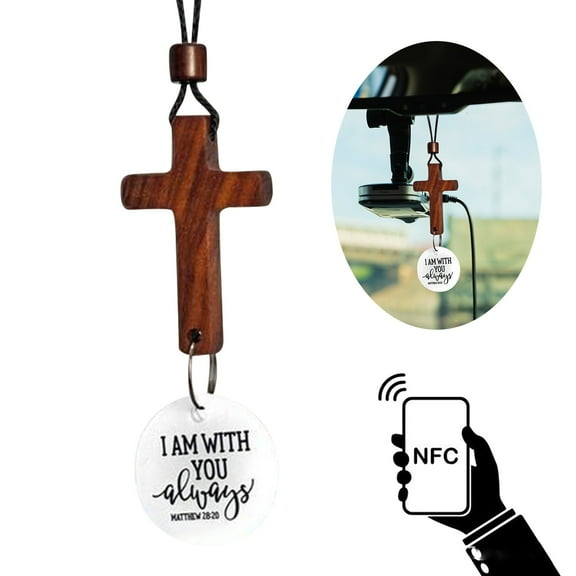 Daily Bible Verse Rearview Mirror Cross Ornament – Daily Scripture Car Charm Hanging Cross for Car with “I Am with You Always” Medallion