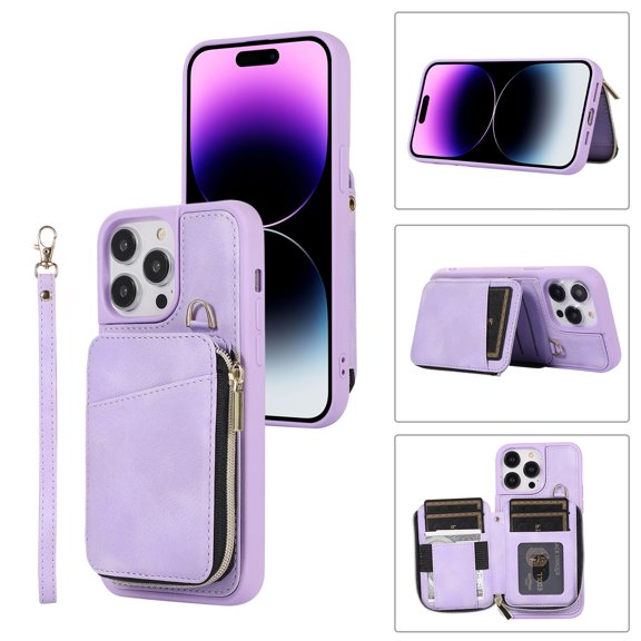 ELEHOLD for iPhone 14 Pro Max 6.7 inch Luxury Zipper Wallet Case with Card Slots Zipper Pocket Kickstand Function Wriststrap Crossbody Shoulder Strap Shockproof Purse Case,Purple