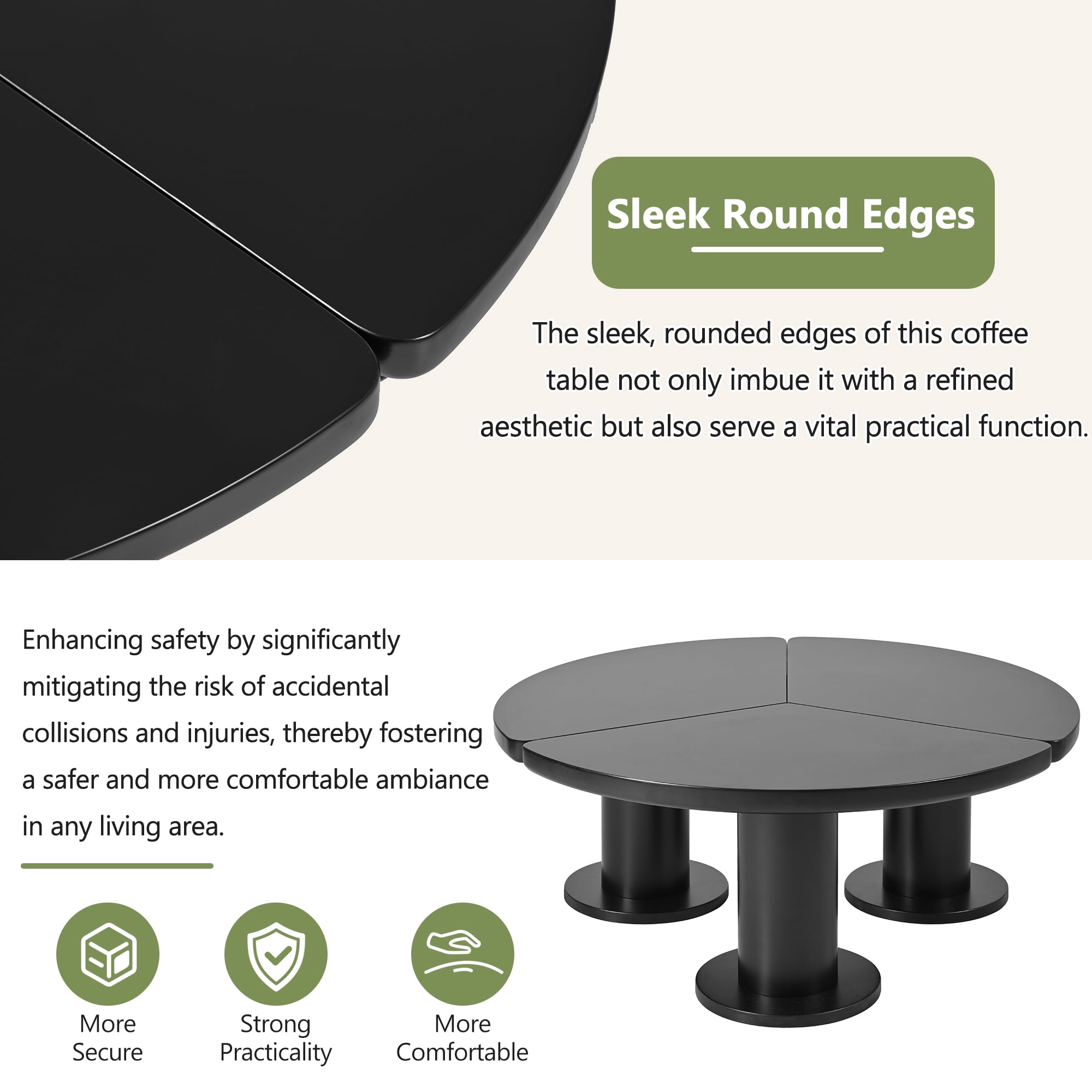 MAYEERTY Φ39.4'' Easy Assembly Round Petal-Shaped Coffee Table, Cream Style Center Table with 3 Thick Legs, Minimalist Irregular End Table with Sleek Round Edges for Living Room, Black