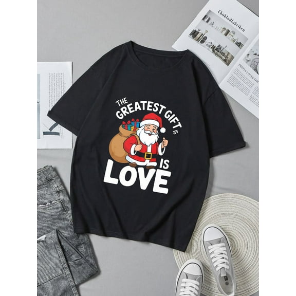 Christmas Santa Claus With Gift Bag And The Greatest Is Love Text Black Graphic T-Shirt for Men Women ,Tops Tee