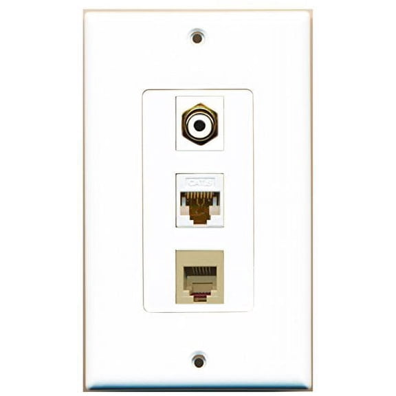 RiteAV - 1 Port RCA White and 1 Port Phone RJ11 RJ12 Beige and 1 Port Cat6 Ethernet White Decorative Wall Plate Decorative