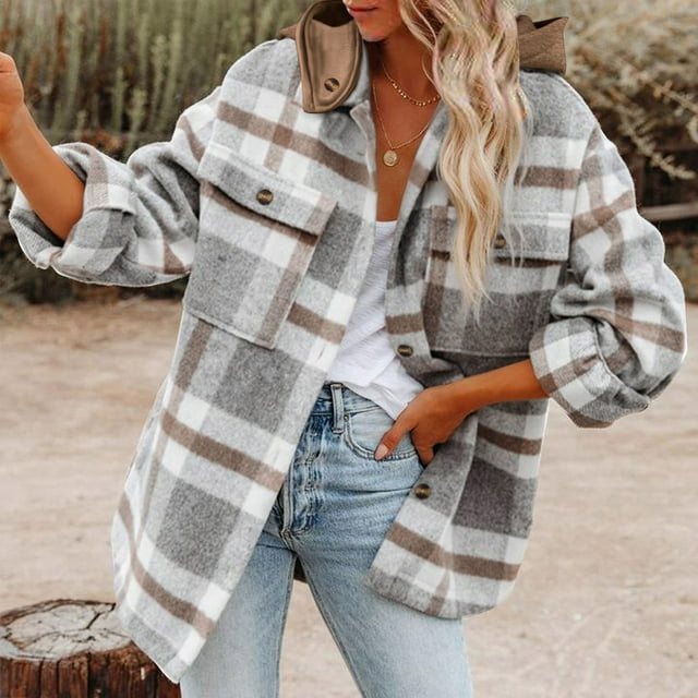 Puntoco Chaqueta De Mujer Top Informal De Invierno para Mujer Camisa Estampada A Cuadros Sueltas Abrigo/Chaqueta Informal con Capucha De Manga Larga De Lana Liquidación Navideña Puntoco Puntoco-16