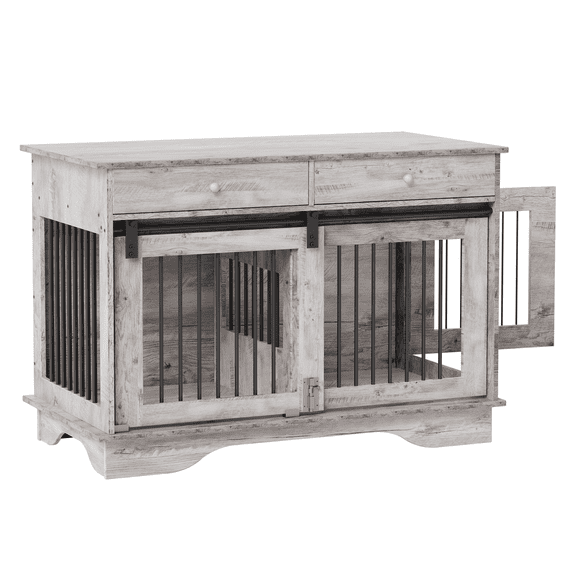 BouPower 47 Inch Wooden Dog Crate Furniture TV Stand, Heavy Duty Chew-Proof Indoor Dog Kennel with Storage Drawers & Divider, Double Sliding Barn Door Pet Cage for Small Medium Large Dogs