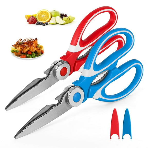 Bundlepro 2 pack Stainless Steel Kitchen Shears Scissors Set for Meat Poultry Fish Nuts, Red   Blue