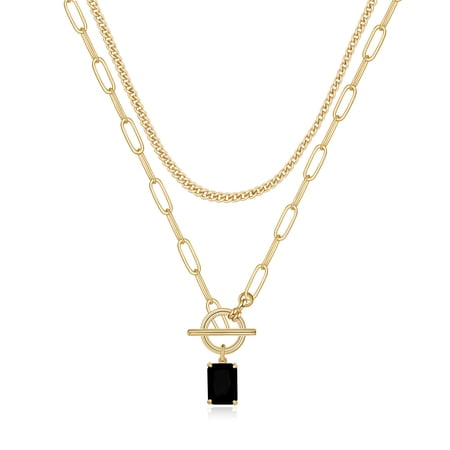 Turandoss Layered Necklaces for Women 14K Gold Plated Cuban Link Chain Choker Necklaces Toggle Necklace Dainty Black Crystal Square Pendant Necklace Boho Style Jewelry Birthday Gifts for Women