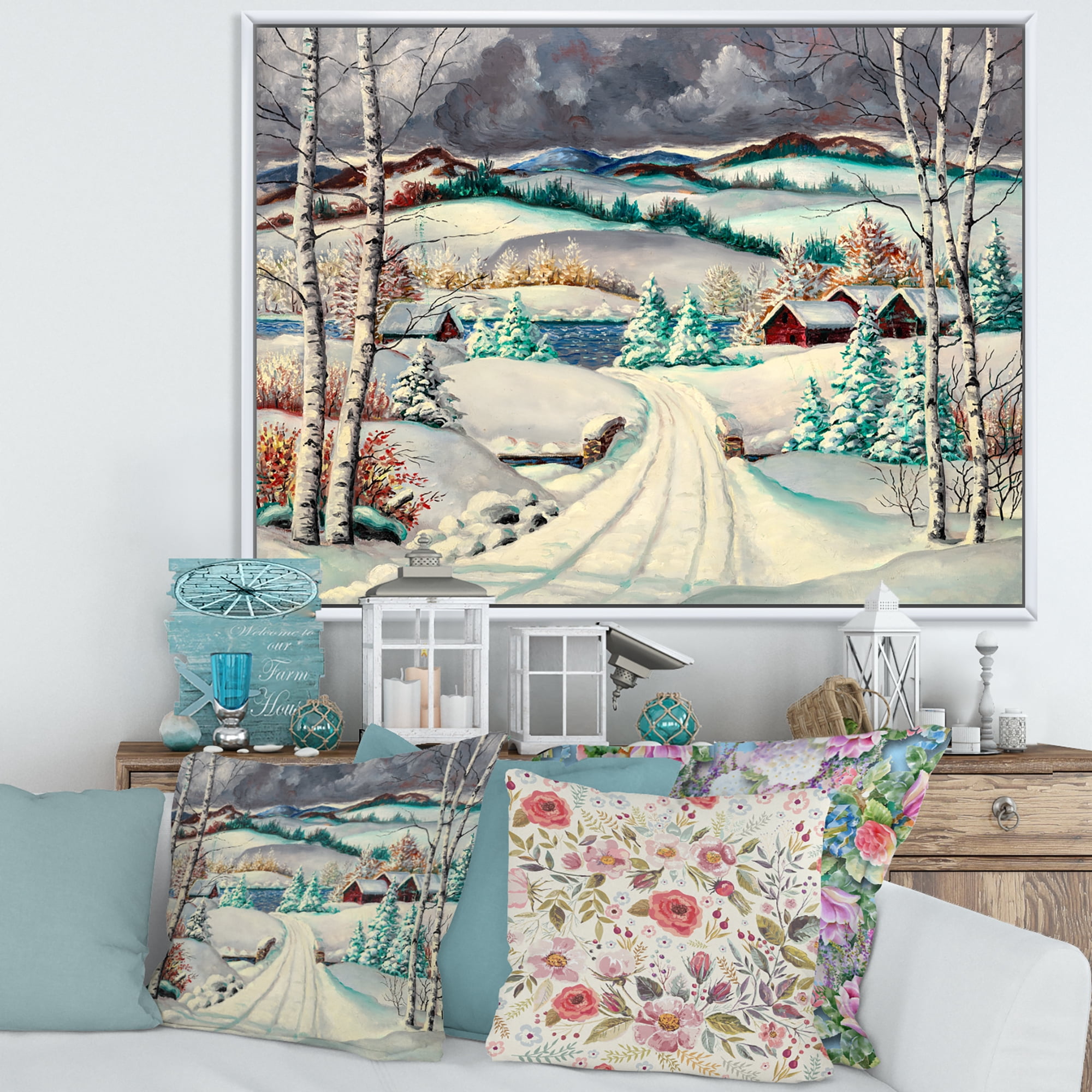 Designart 'Snowy Road In Countryside Winter Landscape' Traditional Framed Canvas Wall Art Print
