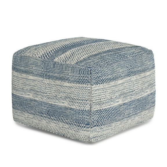 Coastal Square Pouf Ottoman - Teal Cotton Floor Seating - Stylish Footrest for Living Room Decor
