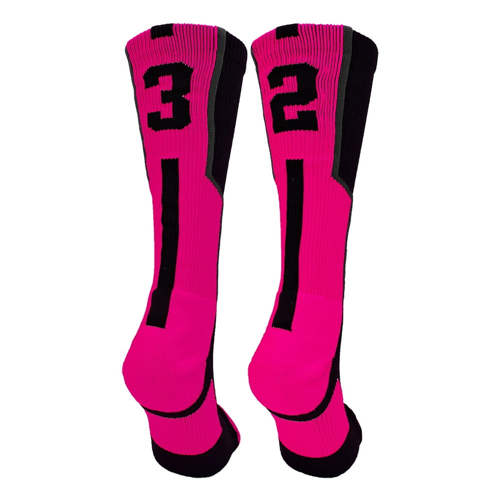 Player Id Black/Neon Pink Number Crew Socks (32, Large) 32,Large