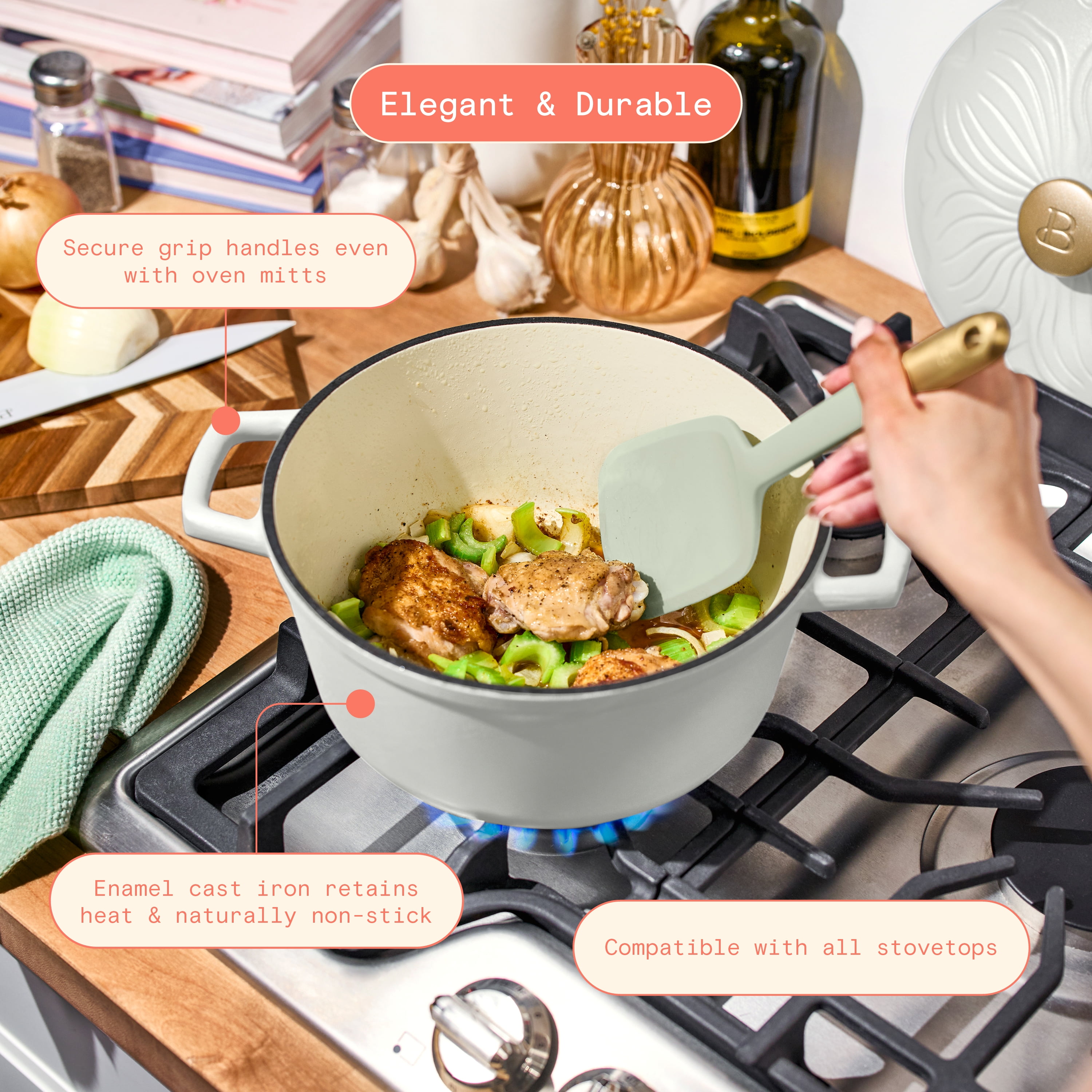 Beautiful 4 Quart Enameled Cast Iron Round Dutch Oven with Petal Design Lid, White Icing by Drew Barrymore