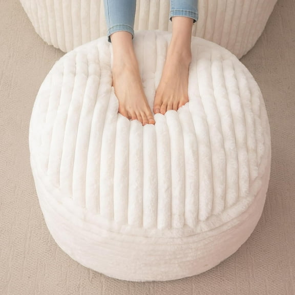 Round Stuffed Pouf Ottoman, Stripe Faux Fur Poufs with Foam Chunk Filling, Furry and Fluffy Pouf Foot Stool Storage Ottoman, 20 X 15 Floor Poufs Foot Rest for Living Room, Beige