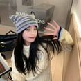 thumbnail image 4 of Women Girls Cat Ear Beanie Striped Crochet Hat Vintage Cable Knit Beanies Fox Hat Slouchy Cap Fashion Accessories, Pink White, 4 of 9