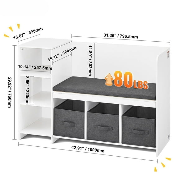 White Kids 6-Cubby Bookcase Storage Bench with 3 Drawers & Cushion, Toddler Reading Nook Organizer for Playroom, Bedroom, Living Room or Entryway