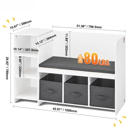 White Kids 6-Cubby Bookcase Storage Bench with 3 Drawers & Cushion, Toddler Reading Nook Organizer for Playroom, Bedroom, Living Room or Entryway