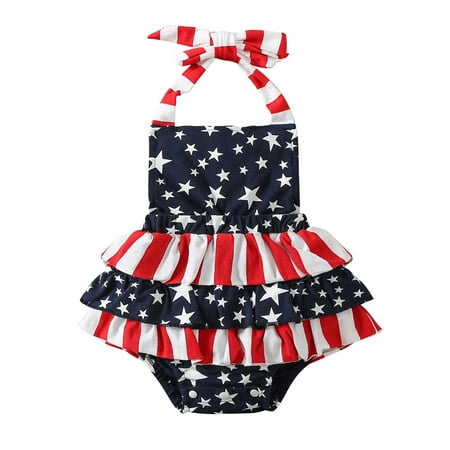 

Frobukio Newborn Baby Girls Independence Day Romper Sleeveless Halter Tie-Up Star Stripe Ruffles Dress Style Bodysuit Navy Blue 18-24 Months