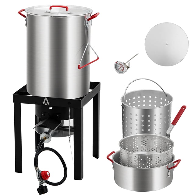 Turkey Deep Fryer Set – 50K BTU Outdoor Propane – 30QT Aluminum Fryer + 10QT Kit – Igniter, Thermometer & Injector – Seafood Boiler & Baskets – Black + Aluminum