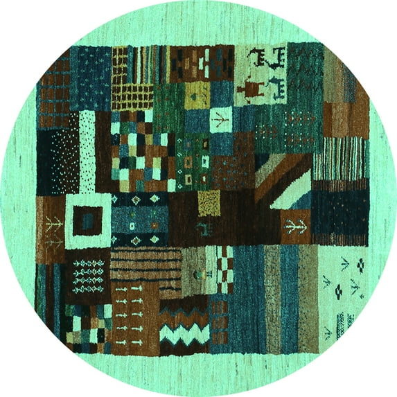 Ahgly Company Machine Washable Indoor Round Abstract Turquoise Blue Contemporary Area Rugs, 6' Round