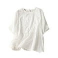 thumbnail image 2 of ALLLIST Women Tops Short Sleeve Solid Crew Neck White Pleated Blouses Casual Cotton and Linen Tees for Women, 2 of 5