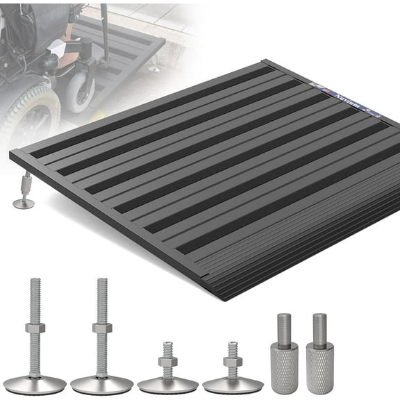 Threshold Ramp for Doorways, 1100lbs Load Capacity, Adjustable Height 2.6"-7.3" Aluminum Wheelchair Ramp with Heightening Screws and Swivel Angle Leg, 30"Wide Curb Ramp for Trolley,Power Chairs