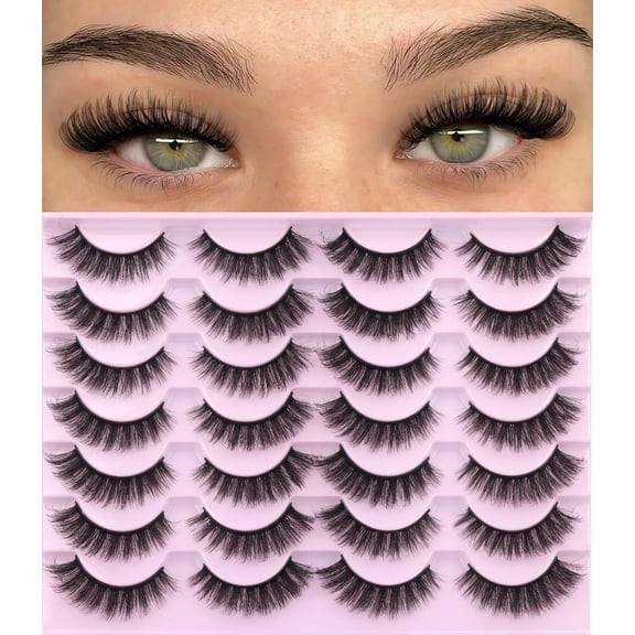 False Eyelashes D-Curl Faux Mink Lashes Fake Lashes Extensions Wispy Lash Soft Russian Strip Eyelashes Pack, 14 Pairs