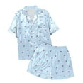 thumbnail image 4 of Wang6 Women's Satin Pajamas Sets with Shorts 2 Pieces Plus Size Pjs Sets Soft Short Sleeve V Neck Button Shirts Shorts Loose Fit Cute Printed Sleepwear Loungewear Sets Sky Blue XL, 4 of 4
