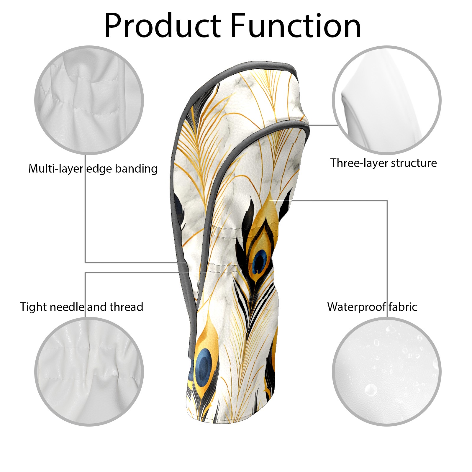 Golf Club Covers, White Gold Peacock Premium PU Leather Driver Hybrid Putter Head Covers with Velvet Lining, Waterproof Golf Gifts for Men Women