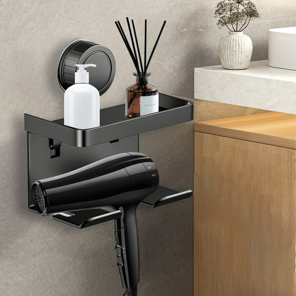 Wall Mounted Suction Cup Hair Dryer Holder | Non-Drilling Alloy Storage Rack Organizer | Waterproof Bathroom Accessory with Extra Compartments | Black/White/Gray | 17x12x10cm