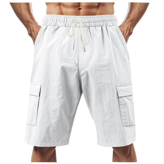Maean Men Cotton Linen Cargo Shorts Lightweight Loose Elastic Waist Drawstring Shorts with Pockets