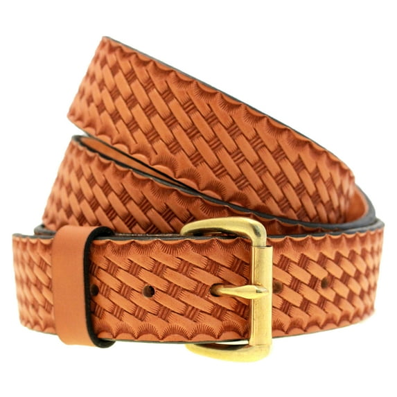 1 1/2 Tan English Bridle Leather Belt Embossed Basket Weave Nickel-Free