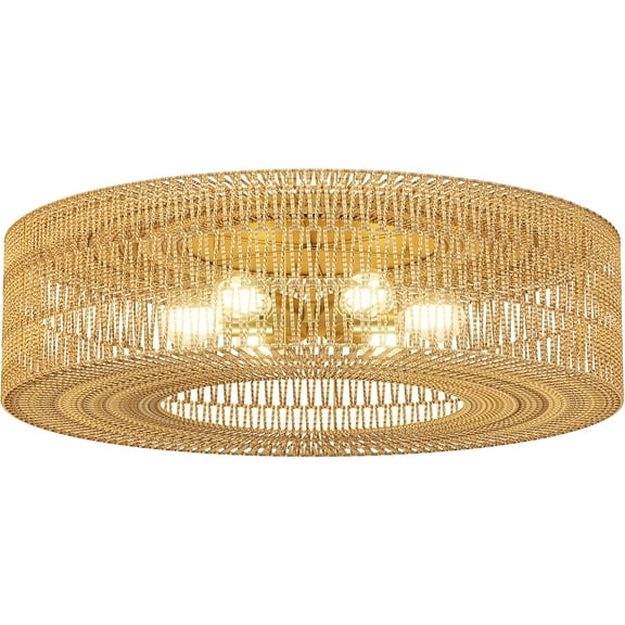 ROOMTEC 30" Rattan Flush Mount Ceiling Light, 6-Light Ceiling Fixture with Bulbs Included, Boho Woven Natural Fiber Dining Room Light for Bedroom Living Room Kitchen