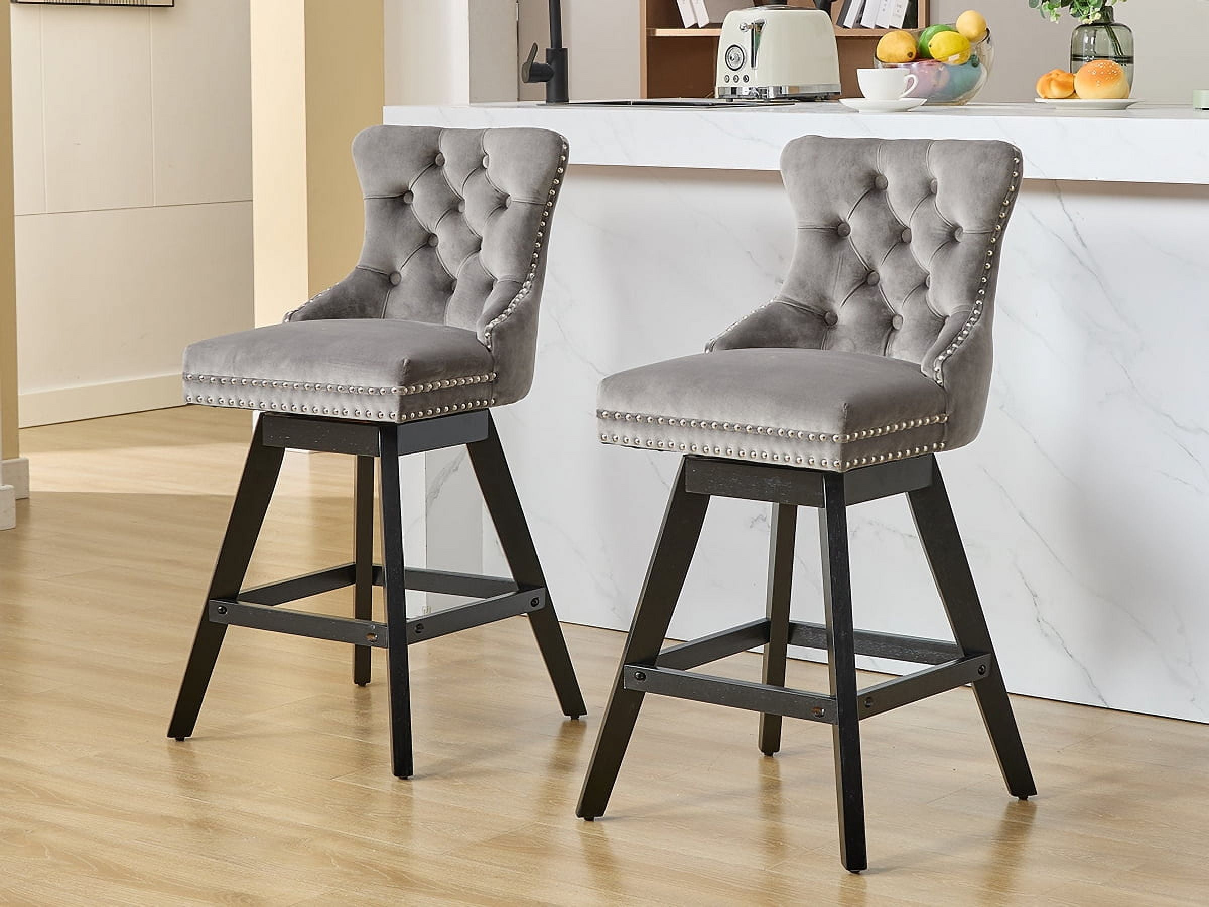 Modern Swivel Bar Stools Set of 4, Grey Counter Height Bar Stools with Back for Kitchen Island, Velvet Upholstered Island Chairs with Wood Legs, Barstool Chairs, Sillas para Barra de Cocina