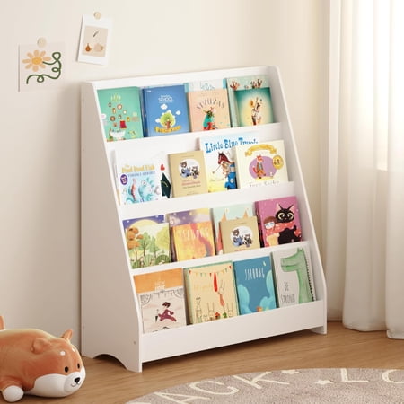 4-Tier Kids Bookshelf with Book Display Toddler Storage Shelf for Bedrooms Playrooms Classrooms Space-Saving Organizer