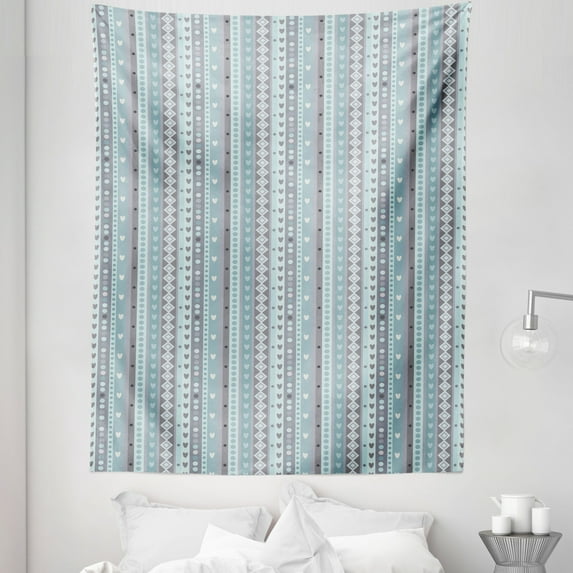 Abstract Tapestry, Design of Vertical Lines with Dots Rhombs and Hearts in Pastel Tones, Fabric Wall Hanging Decor for Bedroom Living Room Dorm, 5 Sizes, Multicolor, by Ambesonne