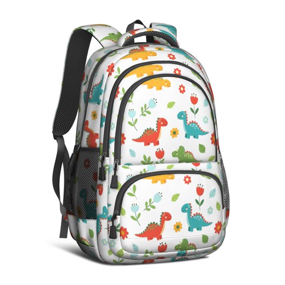 White Dinosaurs Flowers Plants Pattern Cute School Backpack Bag with Padded Back and Adjustable Shoulder Straps 16.9 X 12.6 X 5.9 Inches