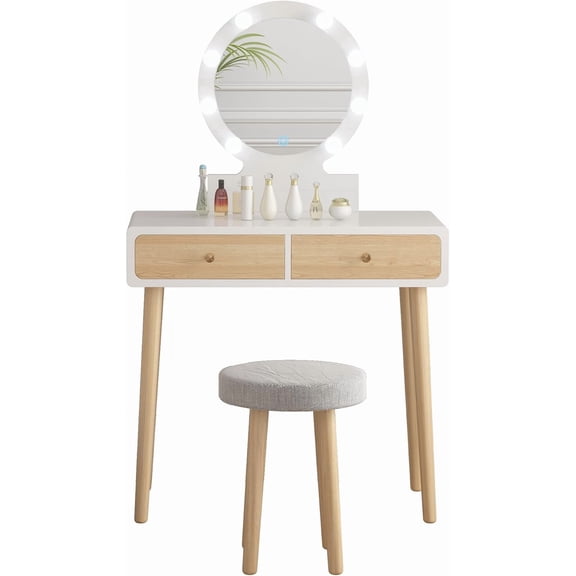 Makeup Vanity Table Set with 3-Color LED Lighted Mirror and Cushioned Stool, Dressing Desk with 2 Drawers for Bedroom,White