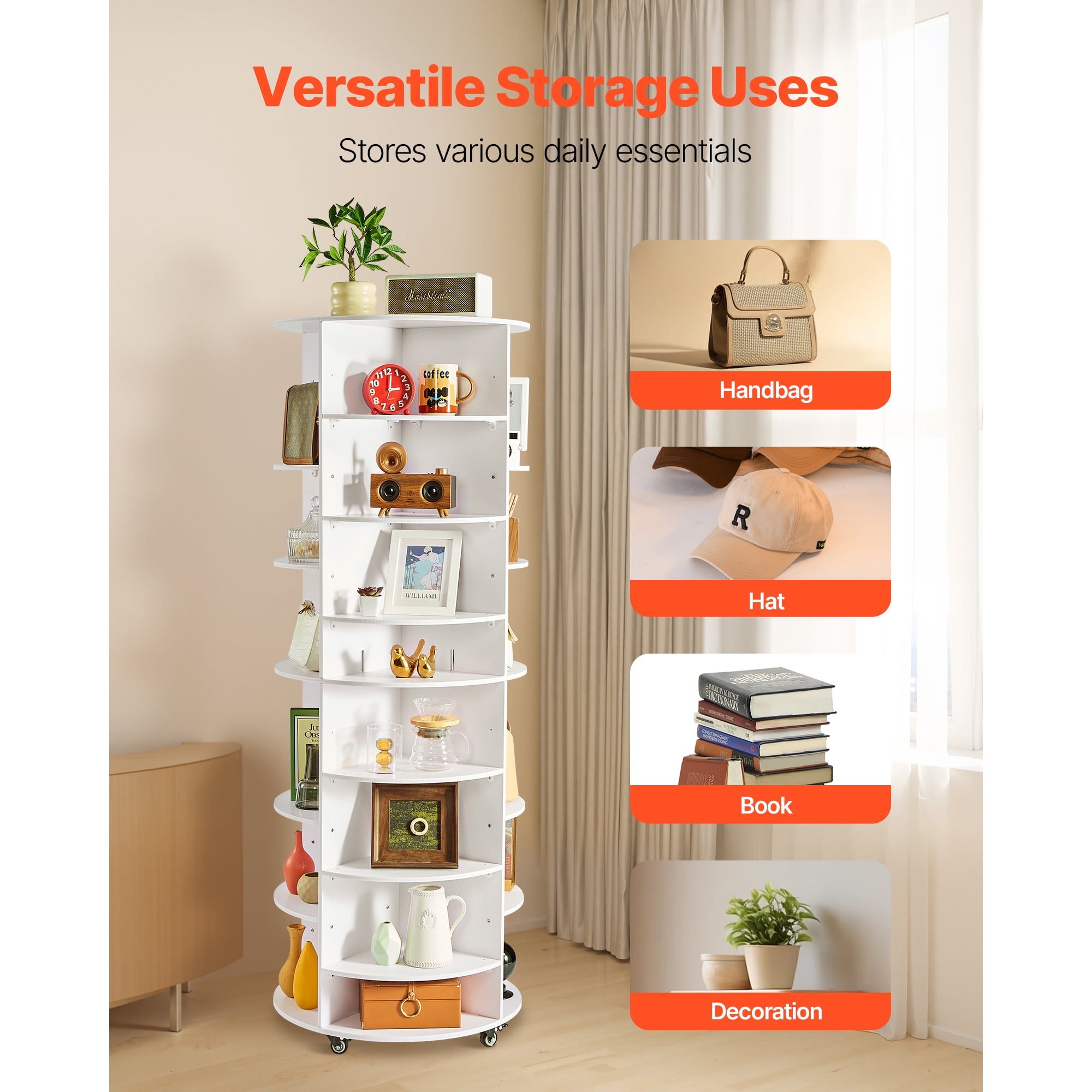 KFFKFF 7-Tier Rotating Shoe Rack Tower with Adjustable Shelves, 360° Spinning Organizer with Wheels, Movable Carousel Storage for Bedroom, Living Room, Entryway, Closet, White