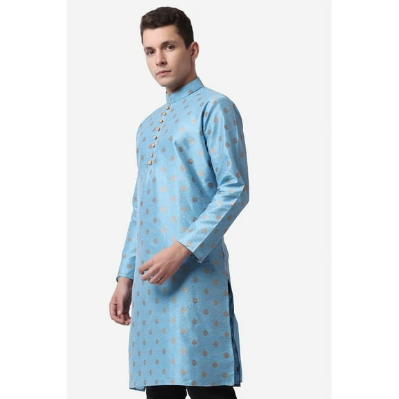 Royal Kurta Sky Blue Color Jacquard Silk Printed Long Kurta for Men
